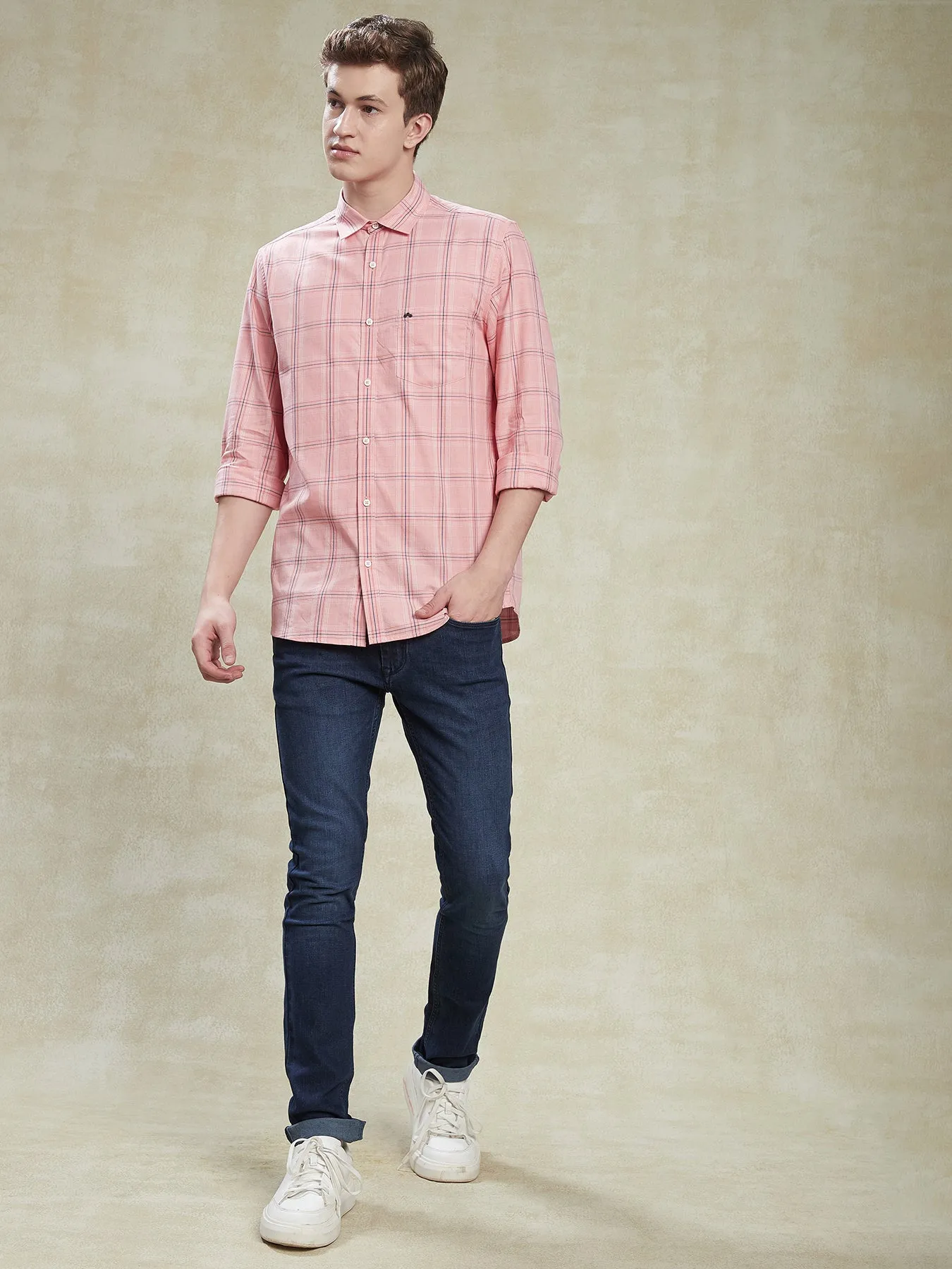 100% Cotton Pink Slim Fit Full Sleeve Casual Mens Checkered Shirt