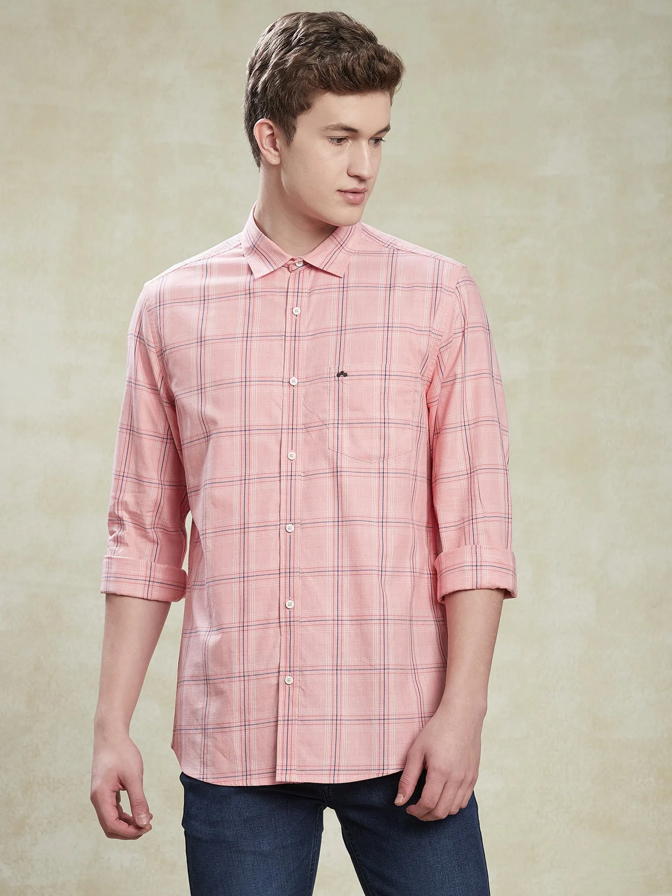 100% Cotton Pink Slim Fit Full Sleeve Casual Mens Checkered Shirt