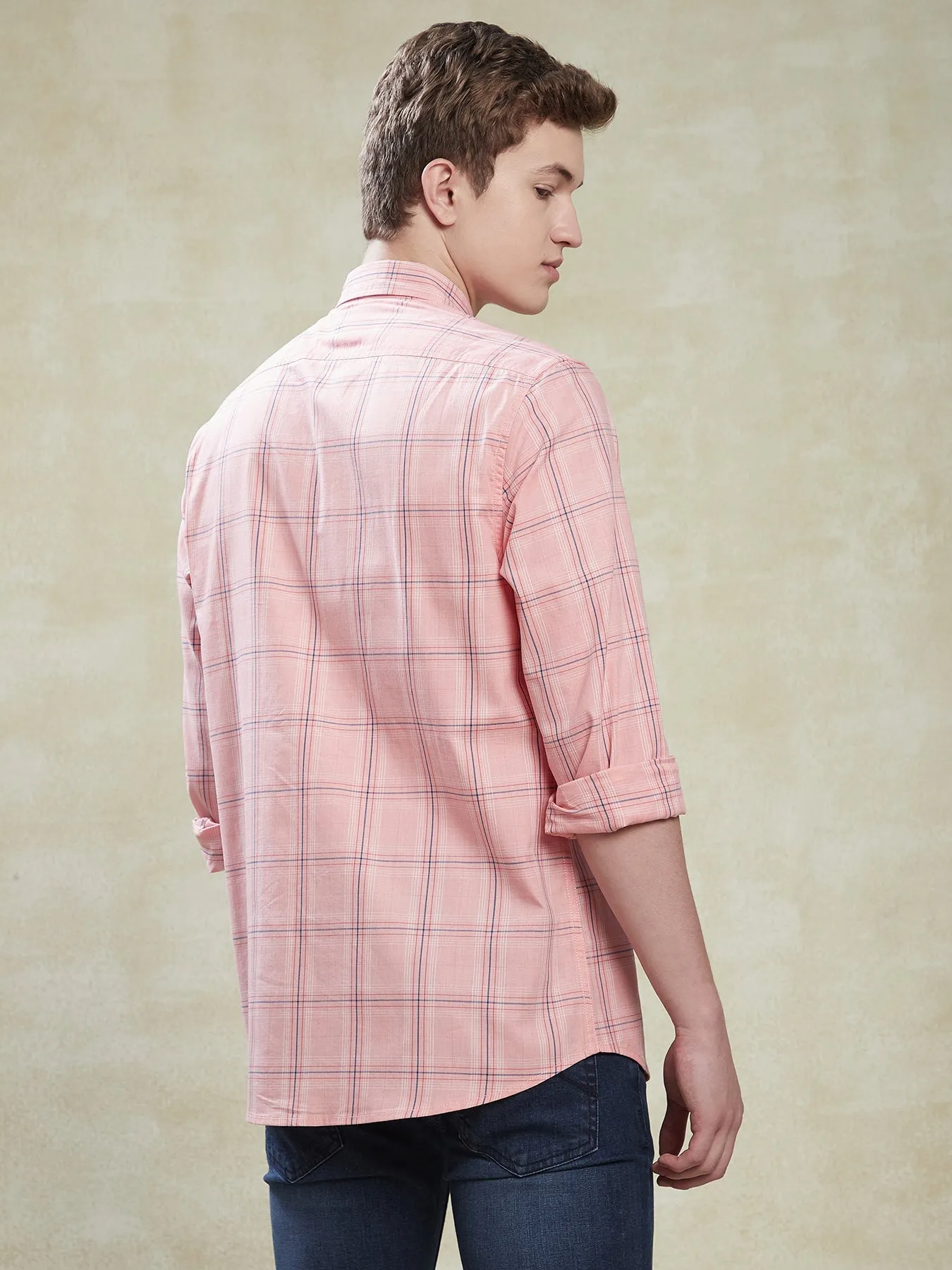 100% Cotton Pink Slim Fit Full Sleeve Casual Mens Checkered Shirt