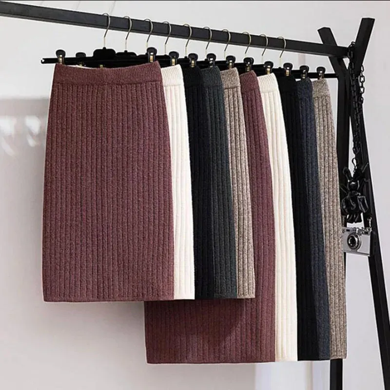 2022 Spring Autumn Casual Women High Waist Skirt Warm Knitted Pencil Skirt Elegant Long Skirts High Quality Office Skirts Split