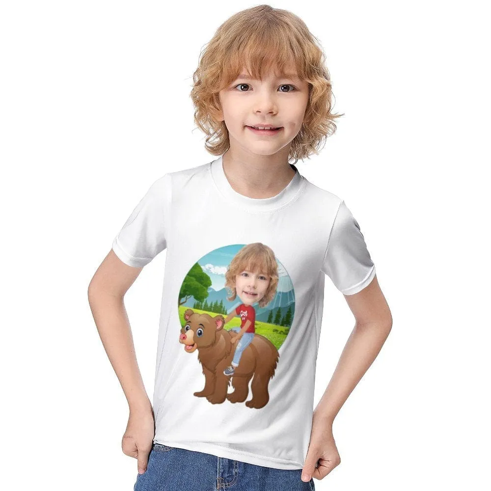 #6-12Y Custom Face Riding a Bear Cute Kid's T-shirt For Boy Girl