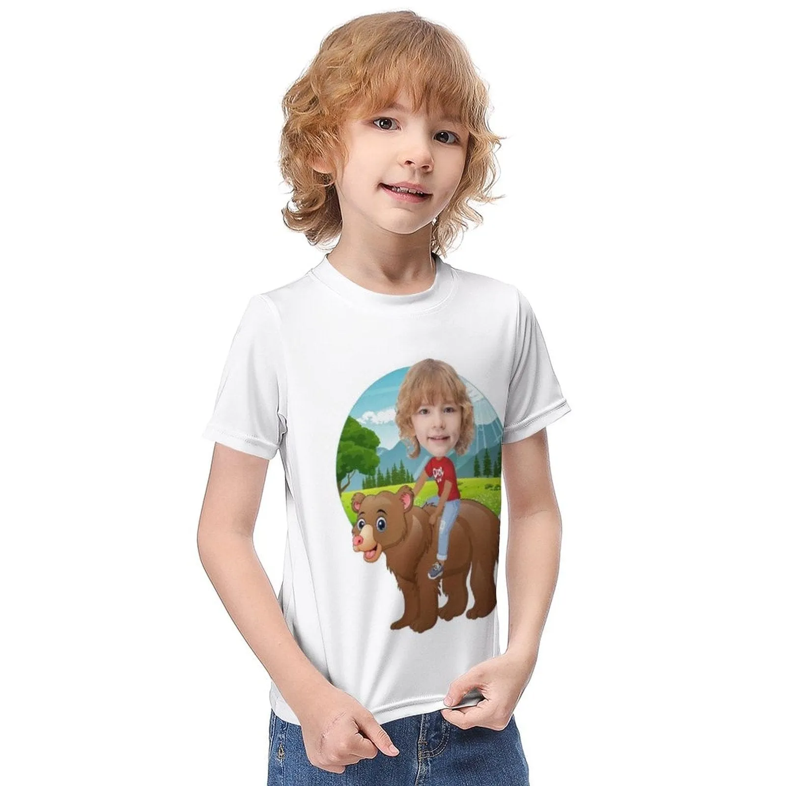 #6-12Y Custom Face Riding a Bear Cute Kid's T-shirt For Boy Girl