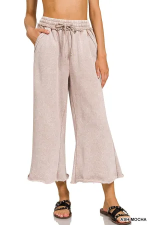 Acid Wash Fleece Palazzo Sweatpants with Pockets - Cropped