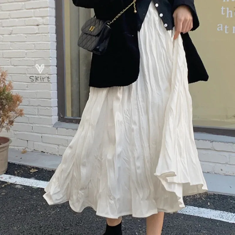 Aiertu Elegant White Women Long Skirt Korean Style Fairycore Ruffle Skirts Sweet Fashion Solid Casual A-line Pleated Skirts