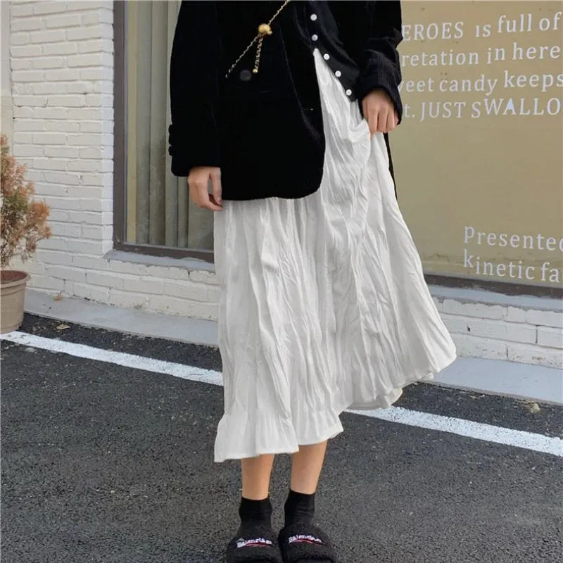 Aiertu Elegant White Women Long Skirt Korean Style Fairycore Ruffle Skirts Sweet Fashion Solid Casual A-line Pleated Skirts