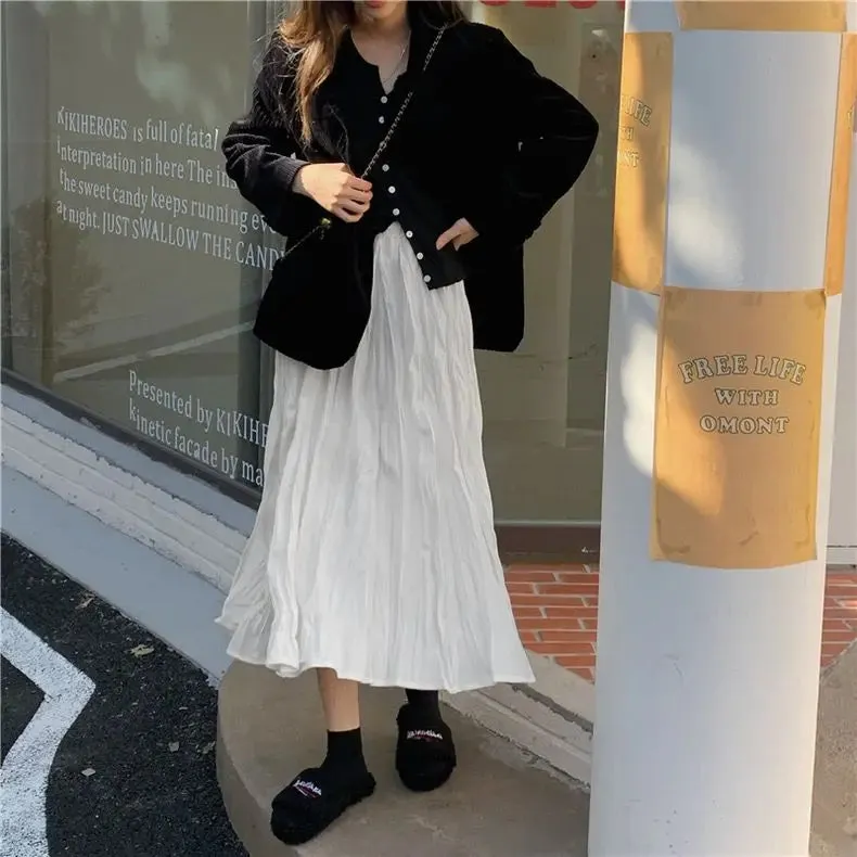 Aiertu Elegant White Women Long Skirt Korean Style Fairycore Ruffle Skirts Sweet Fashion Solid Casual A-line Pleated Skirts