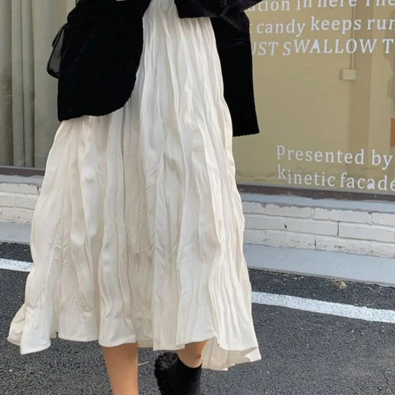 Aiertu Elegant White Women Long Skirt Korean Style Fairycore Ruffle Skirts Sweet Fashion Solid Casual A-line Pleated Skirts