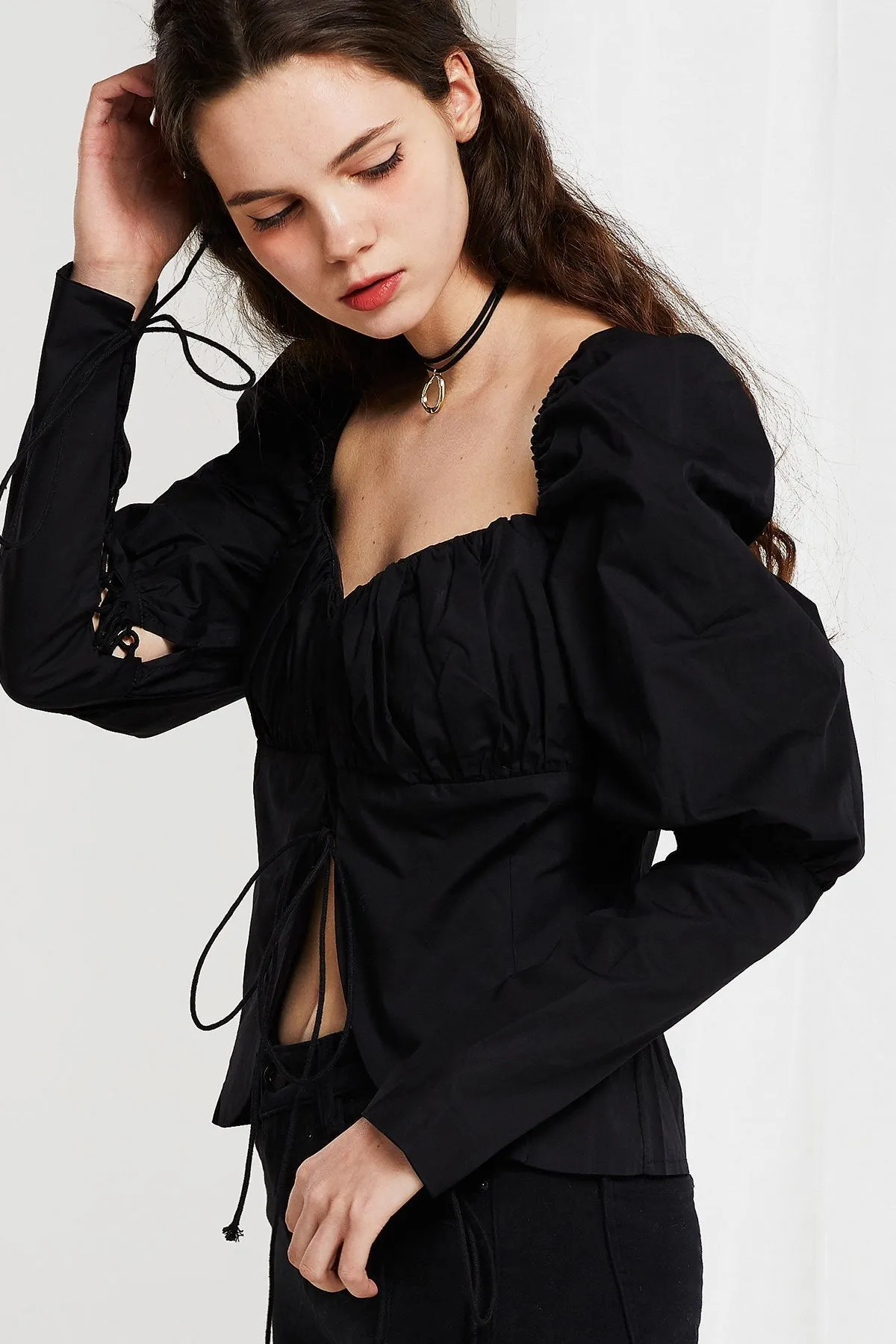 Anna Lace Up Blouse with Puff Sleeve-2 Colors