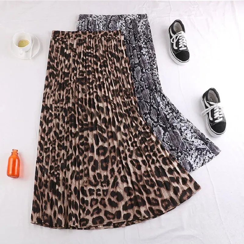 Autumn winter women vintage elegant leopard skirt 2019 Women Snake print high waist pleated skirts womens Casual skirts female