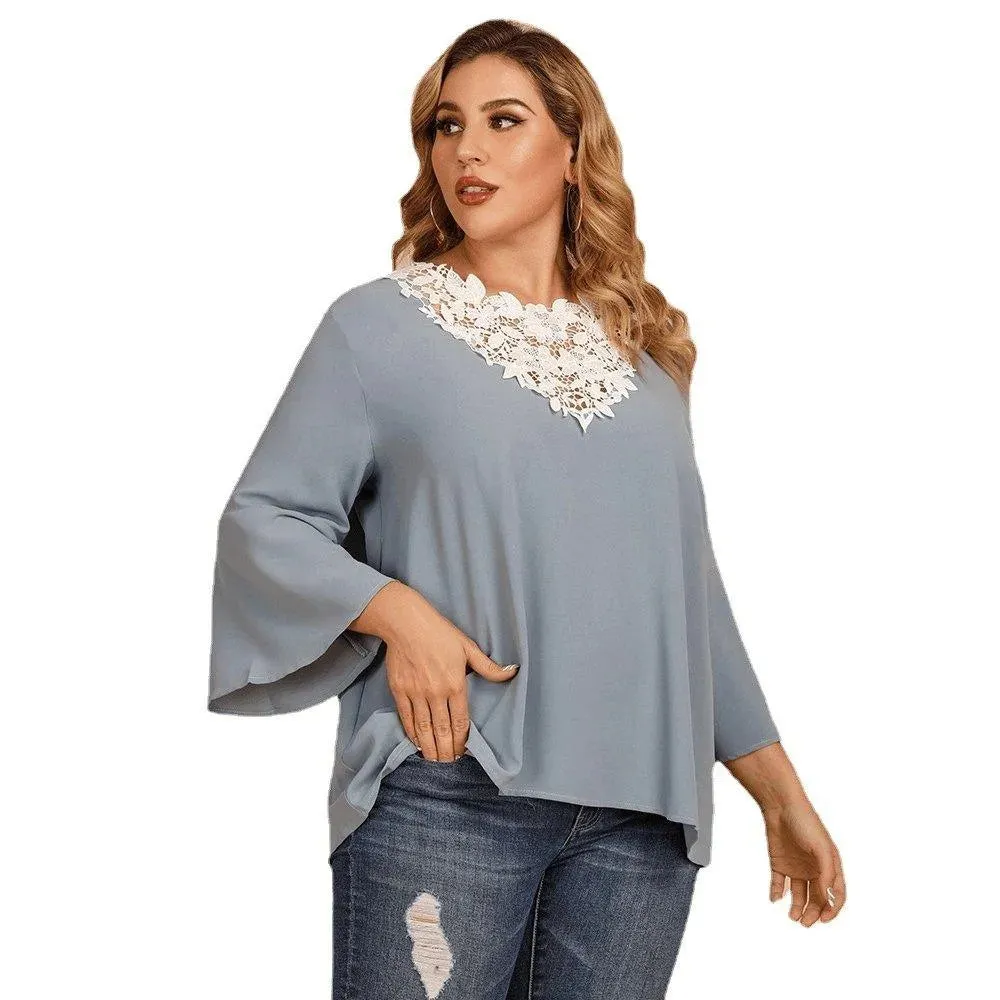 Bell Sleeves Lace Crochet V-Neck Asymmetrical Top