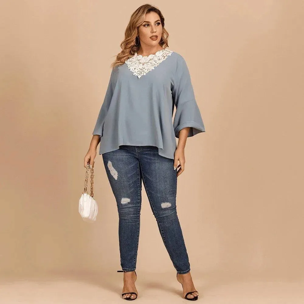 Bell Sleeves Lace Crochet V-Neck Asymmetrical Top