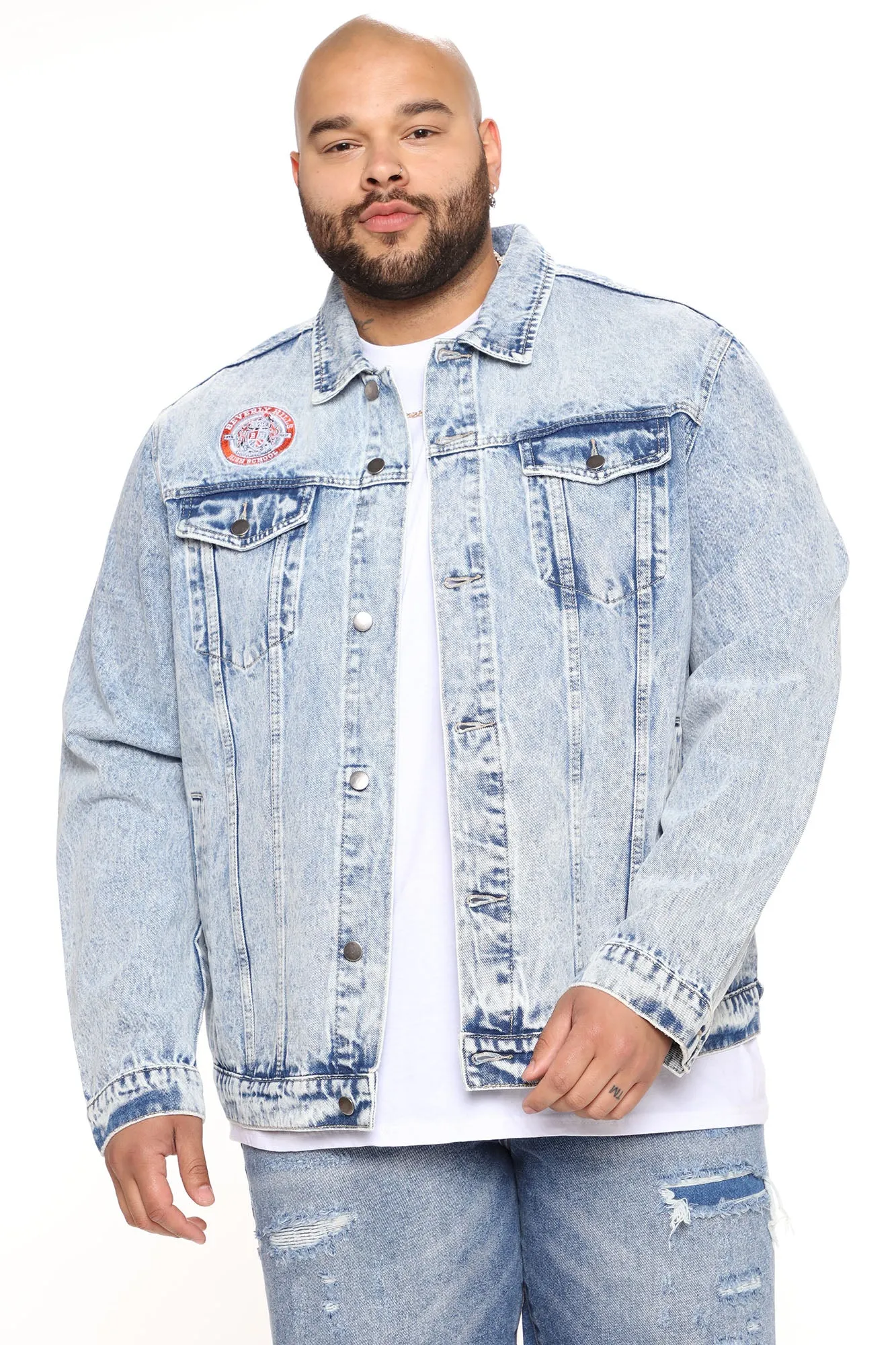 Bev High Patched Denim Jacket - Light Wash