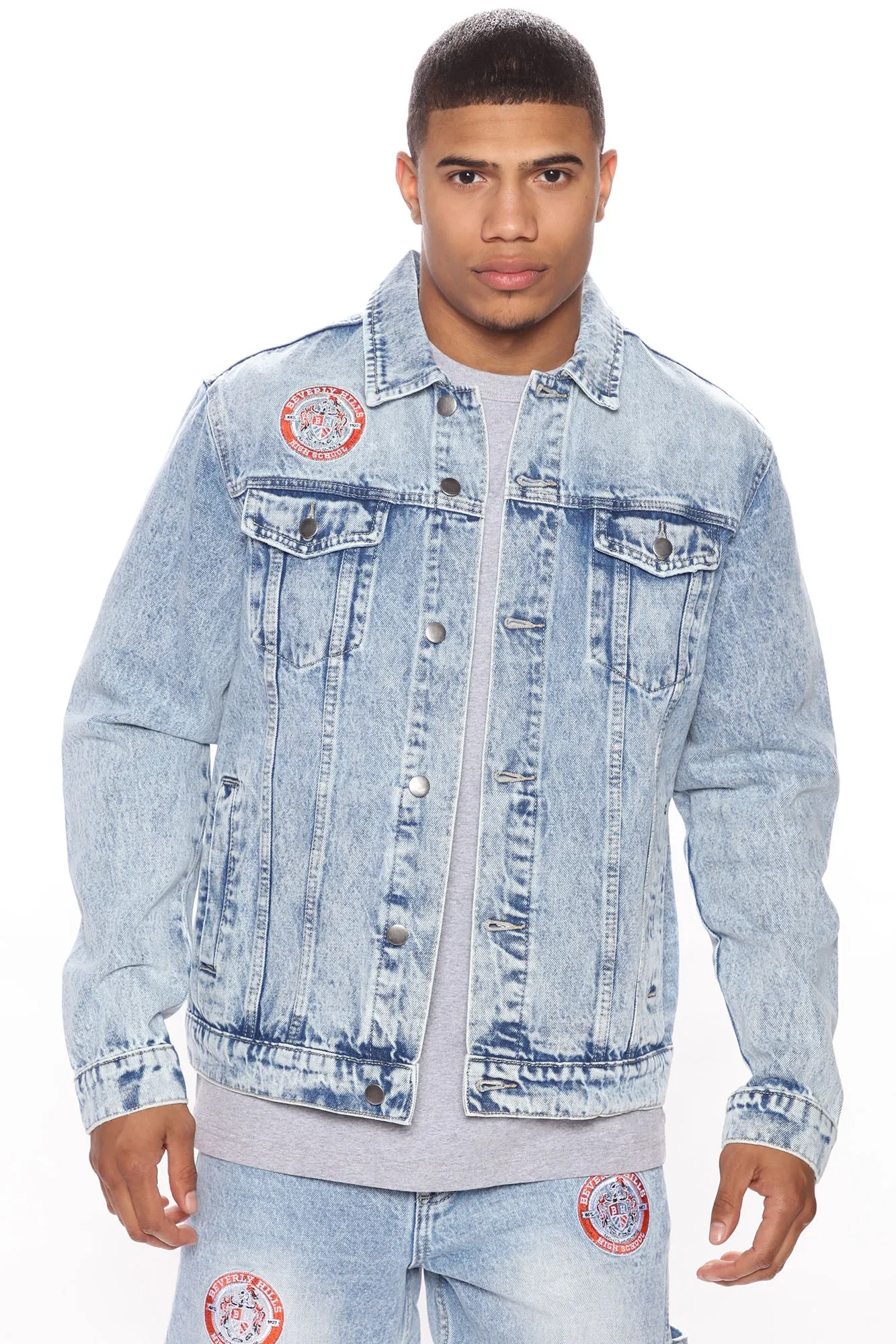 Bev High Patched Denim Jacket - Light Wash