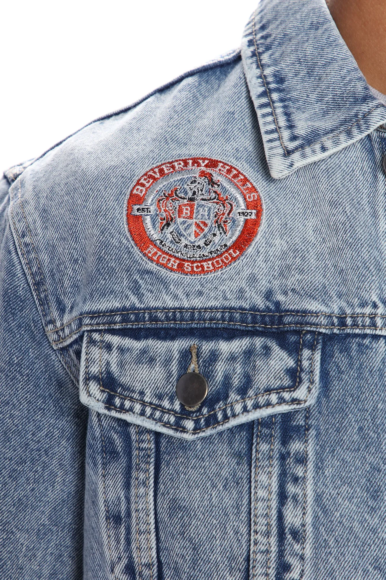 Bev High Patched Denim Jacket - Light Wash