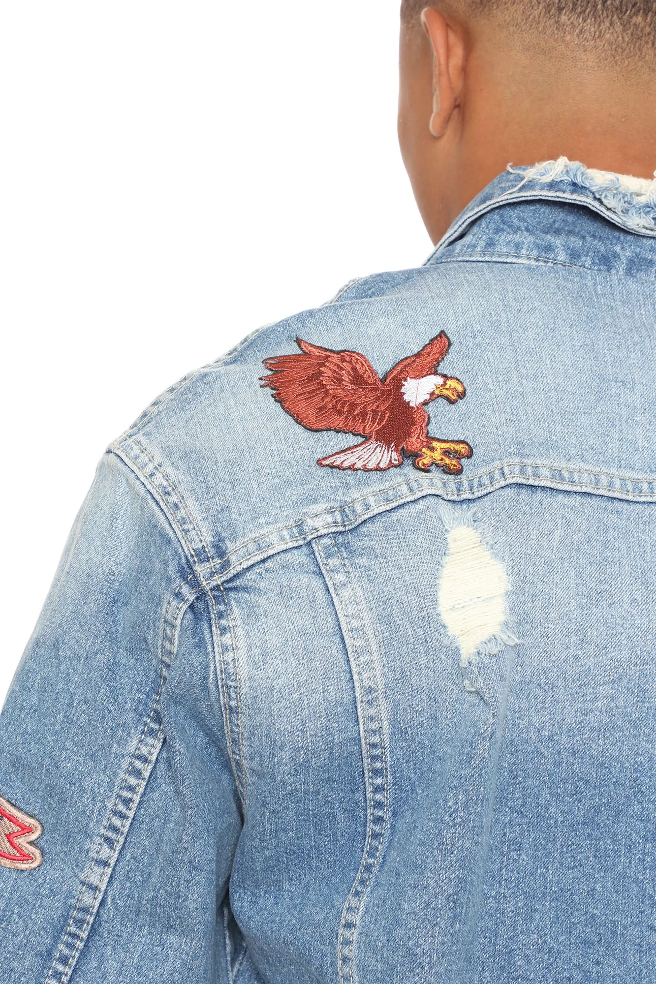 Biker Patch Denim Jacket - Medium Wash