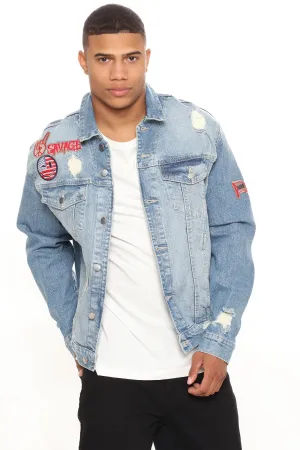 Biker Patch Denim Jacket - Medium Wash