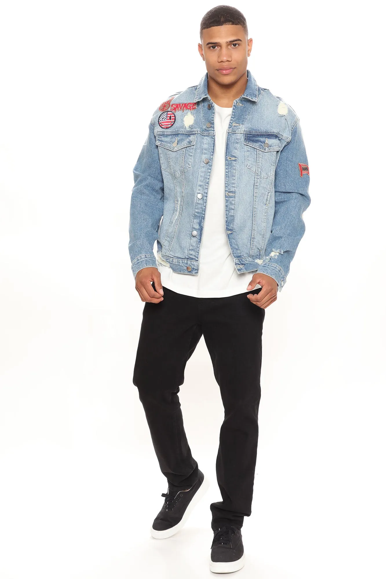 Biker Patch Denim Jacket - Medium Wash