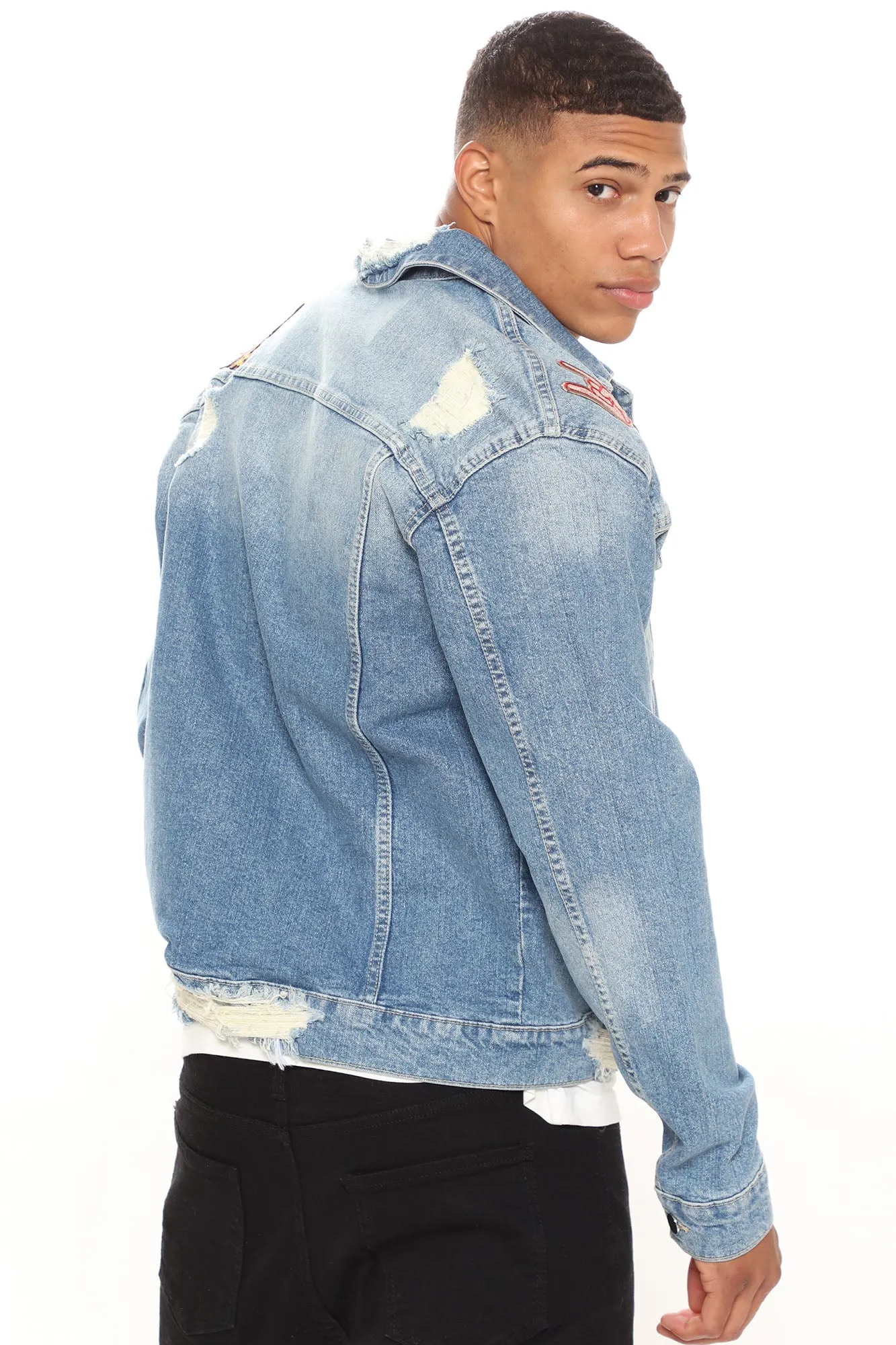 Biker Patch Denim Jacket - Medium Wash