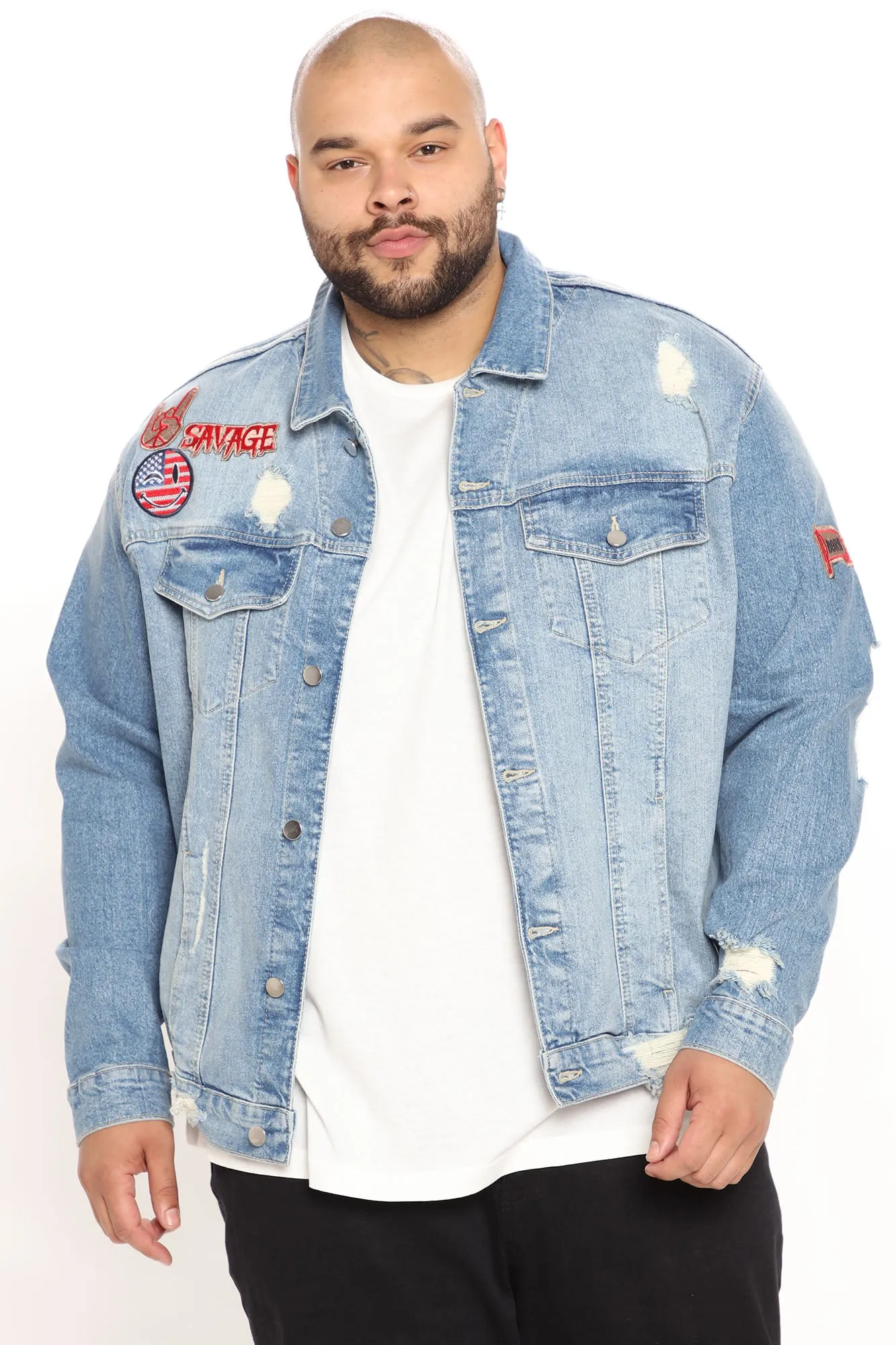 Biker Patch Denim Jacket - Medium Wash