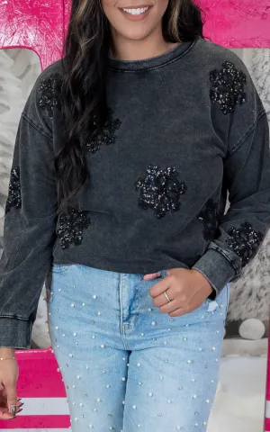 Black Sequin Snowflake Sweater Top