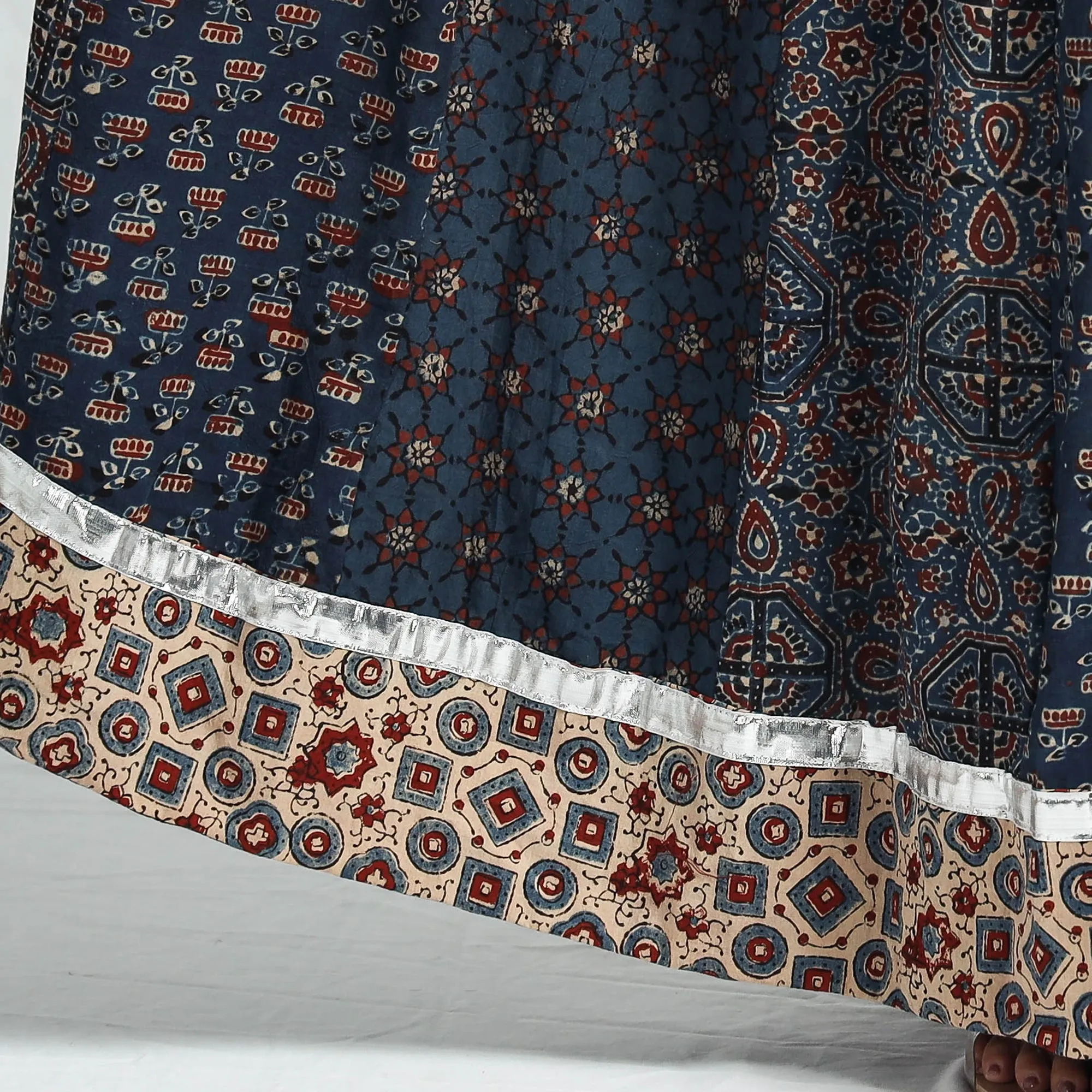 Blue - Ajrakh Block Printed 24 Kali Patchwork Cotton Long Skirt