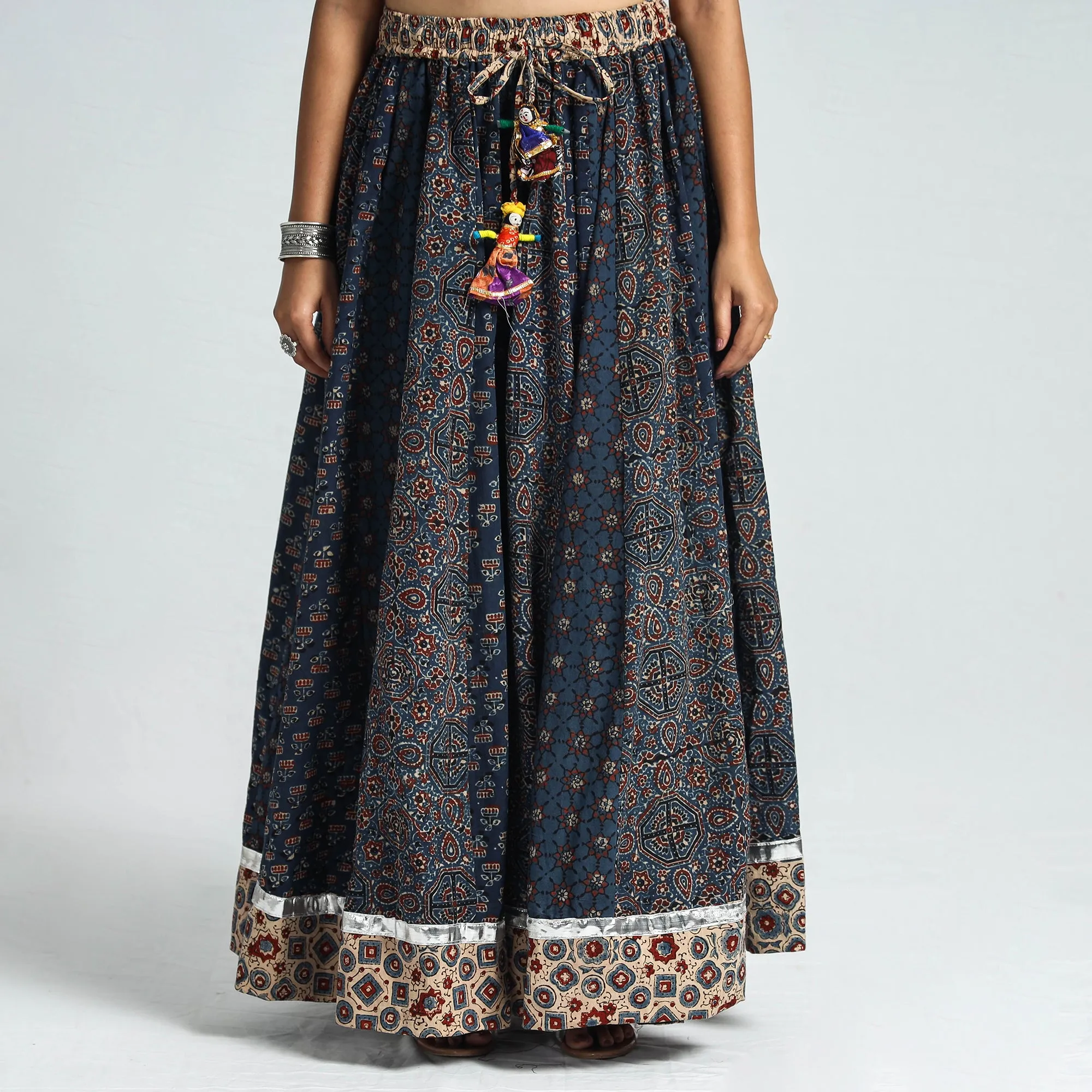 Blue - Ajrakh Block Printed 24 Kali Patchwork Cotton Long Skirt