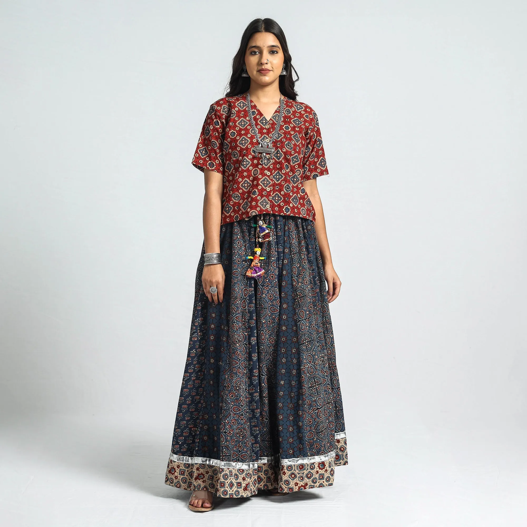 Blue - Ajrakh Block Printed 24 Kali Patchwork Cotton Long Skirt