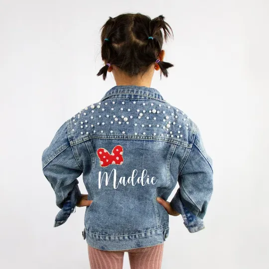 (Blue Pearl) Custom Bow & Name Flower Girl Denim Jacket