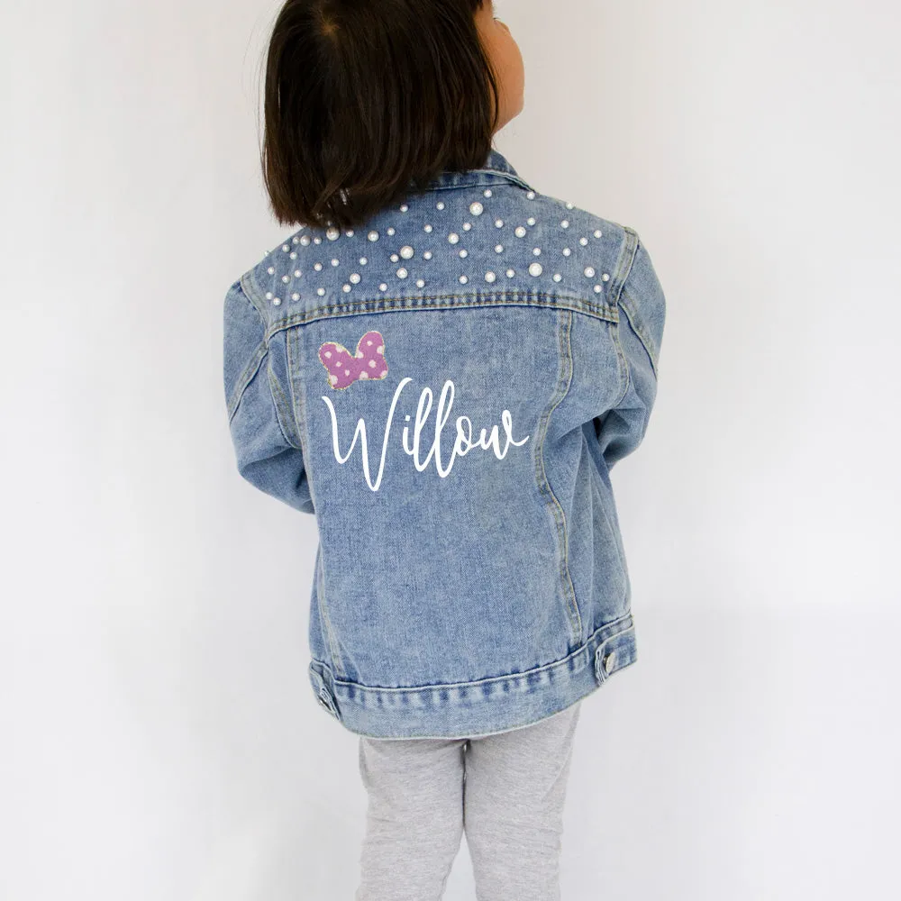 (Blue Pearl) Custom Bow & Name Flower Girl Denim Jacket