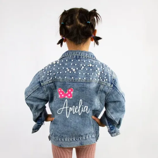 (Blue Pearl) Custom Bow & Name Flower Girl Denim Jacket