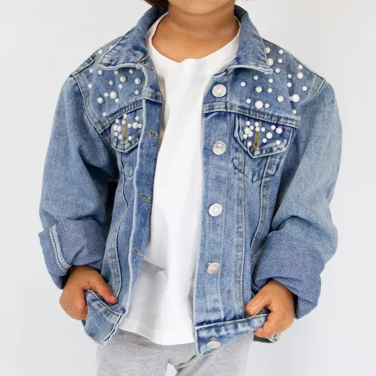 (Blue Pearl) Custom Bow & Name Flower Girl Denim Jacket