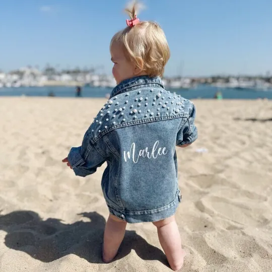 (Blue Pearl) Flower Girl Patch Denim Jacket