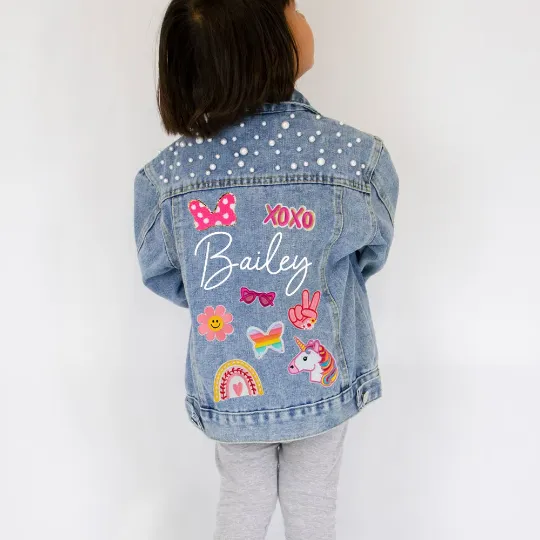 (Blue Pearl) Flower Girl Patch Denim Jacket