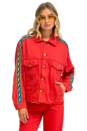 BOLT STRIPE OVERSIZED CUTOFF DENIM JACKET - RED