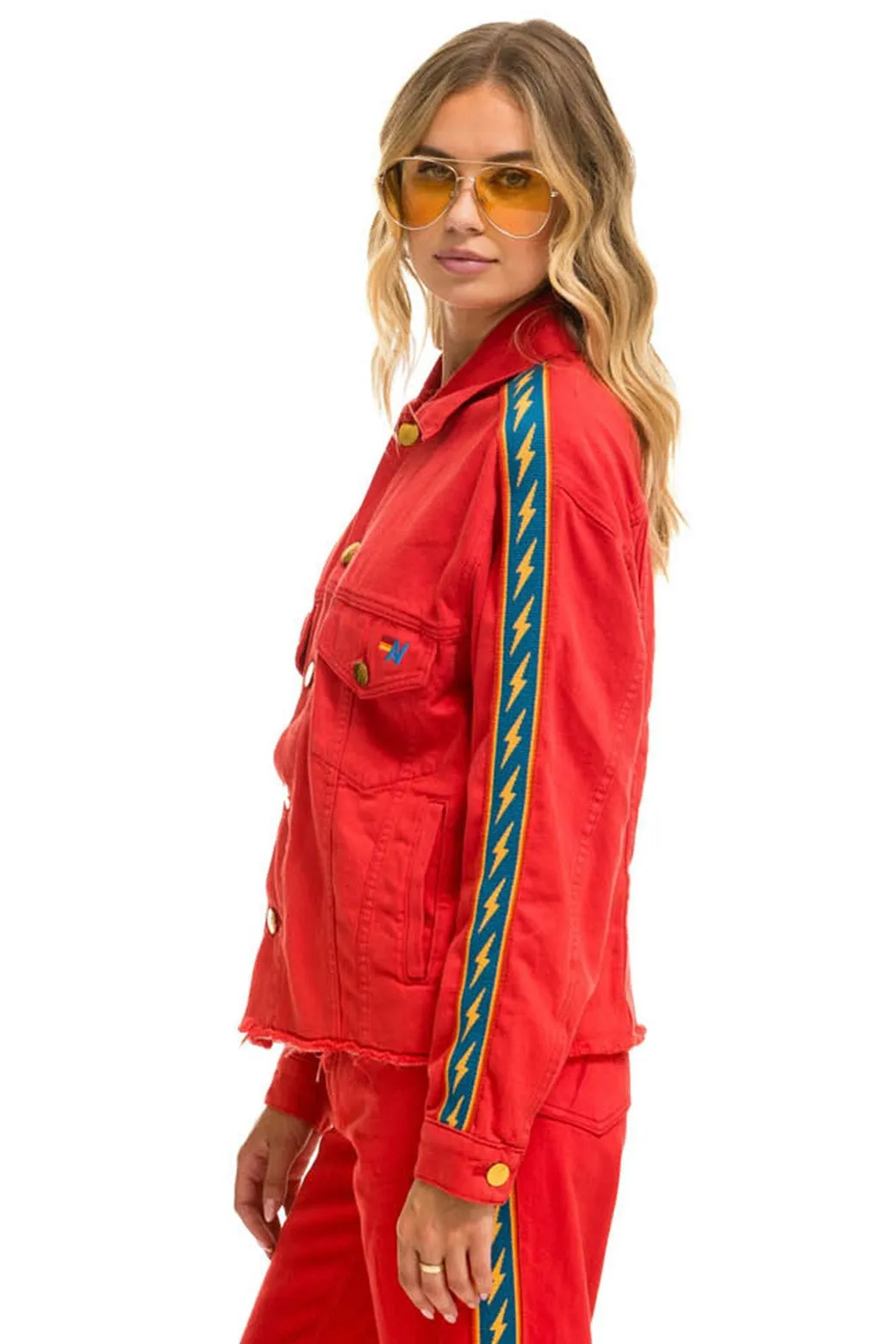 BOLT STRIPE OVERSIZED CUTOFF DENIM JACKET - RED