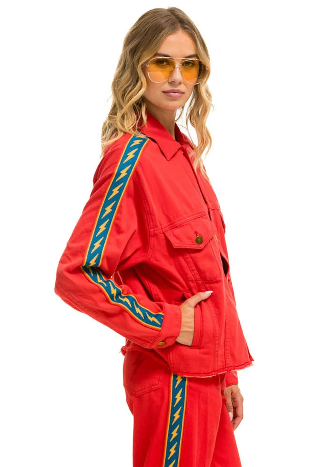 BOLT STRIPE OVERSIZED CUTOFF DENIM JACKET - RED