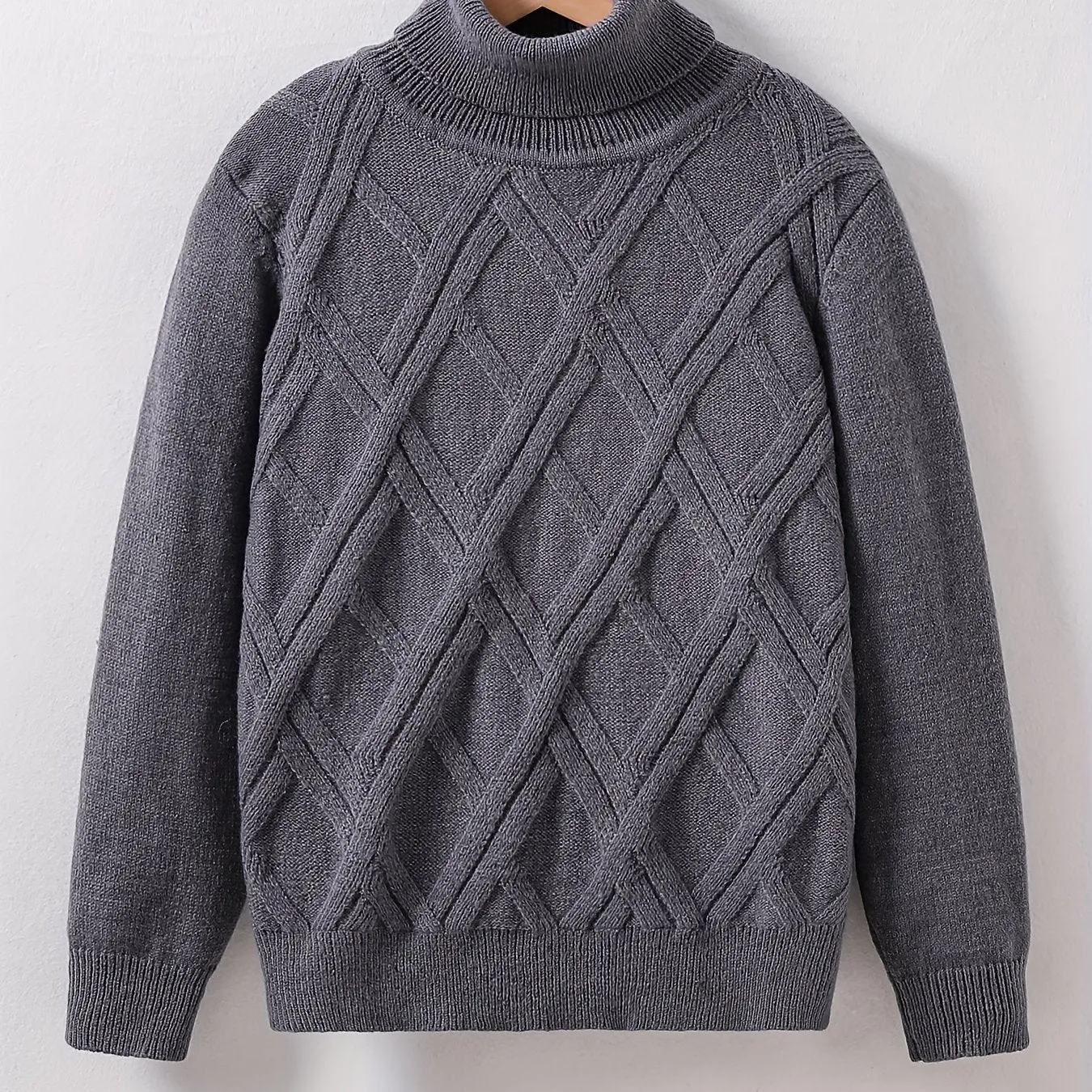 Boys Solid Color Turtleneck Sweater, Casual Knit Pullover, Classic Cable Pattern, Ribbed Cuffs And Hem, Winter Warm Cozy Clothes