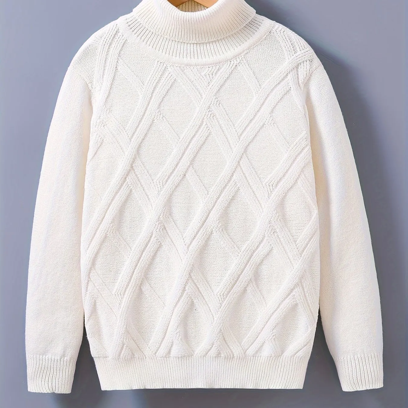 Boys Solid Color Turtleneck Sweater, Casual Knit Pullover, Classic Cable Pattern, Ribbed Cuffs And Hem, Winter Warm Cozy Clothes