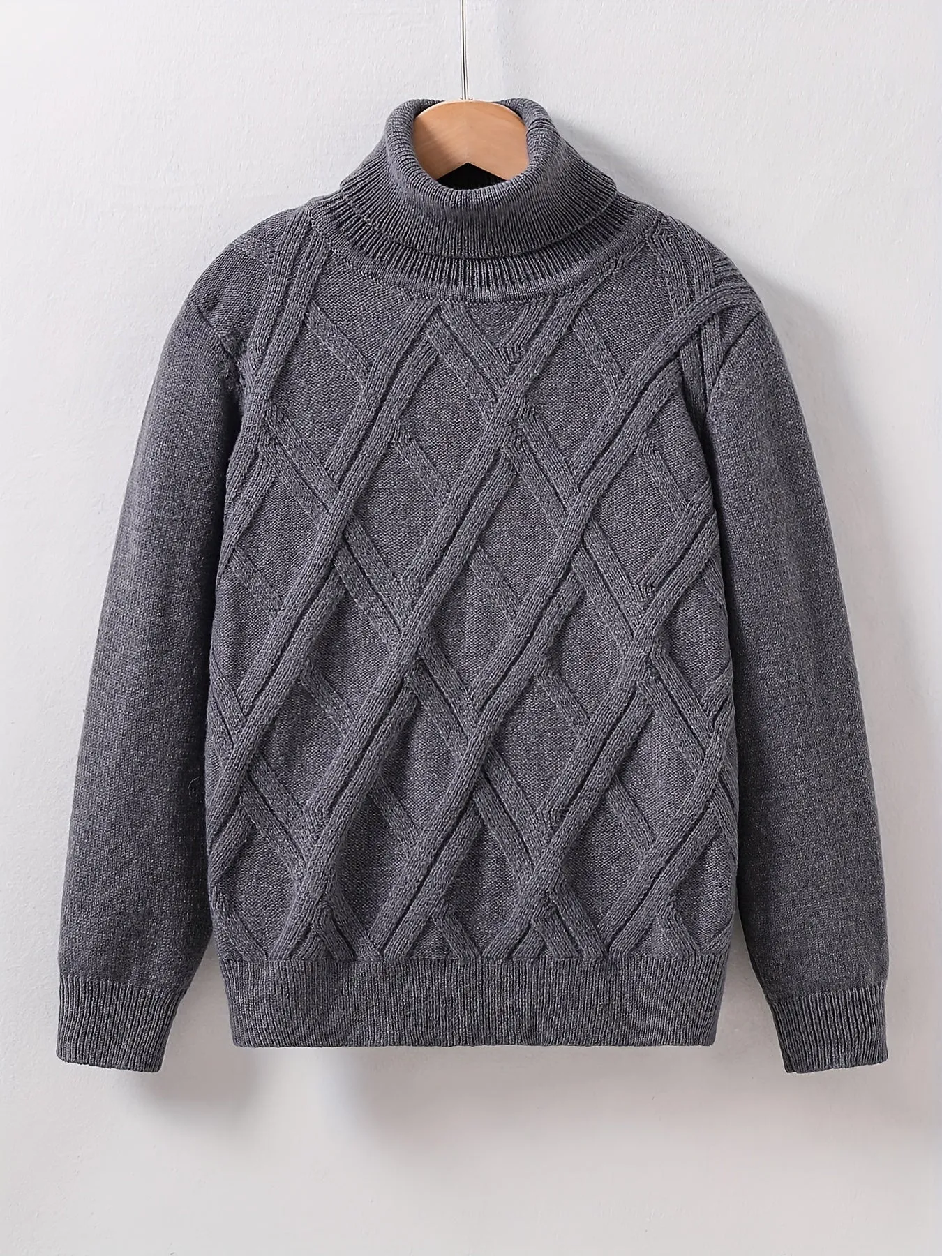 Boys Solid Color Turtleneck Sweater, Casual Knit Pullover, Classic Cable Pattern, Ribbed Cuffs And Hem, Winter Warm Cozy Clothes