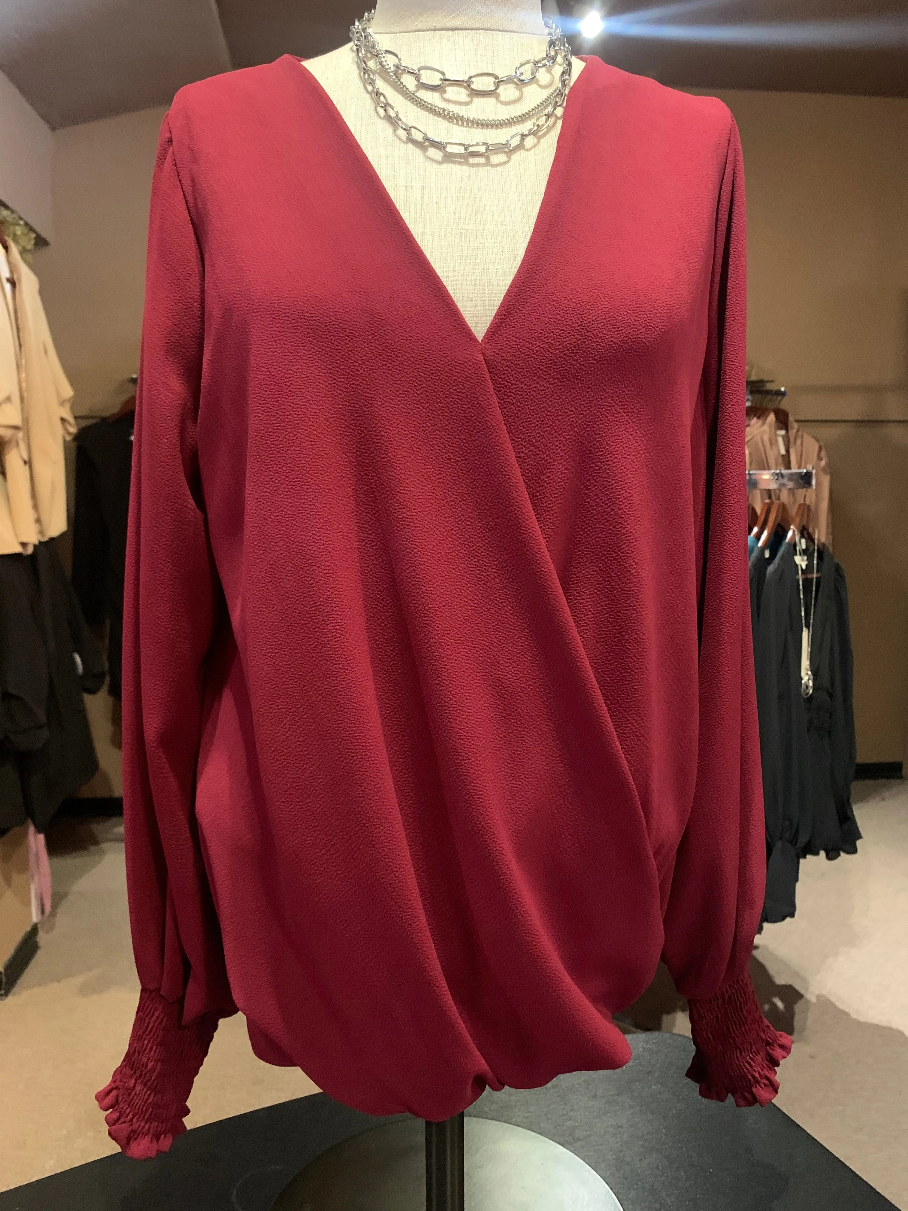 Burgundy V Neckline Long Sleeve Top