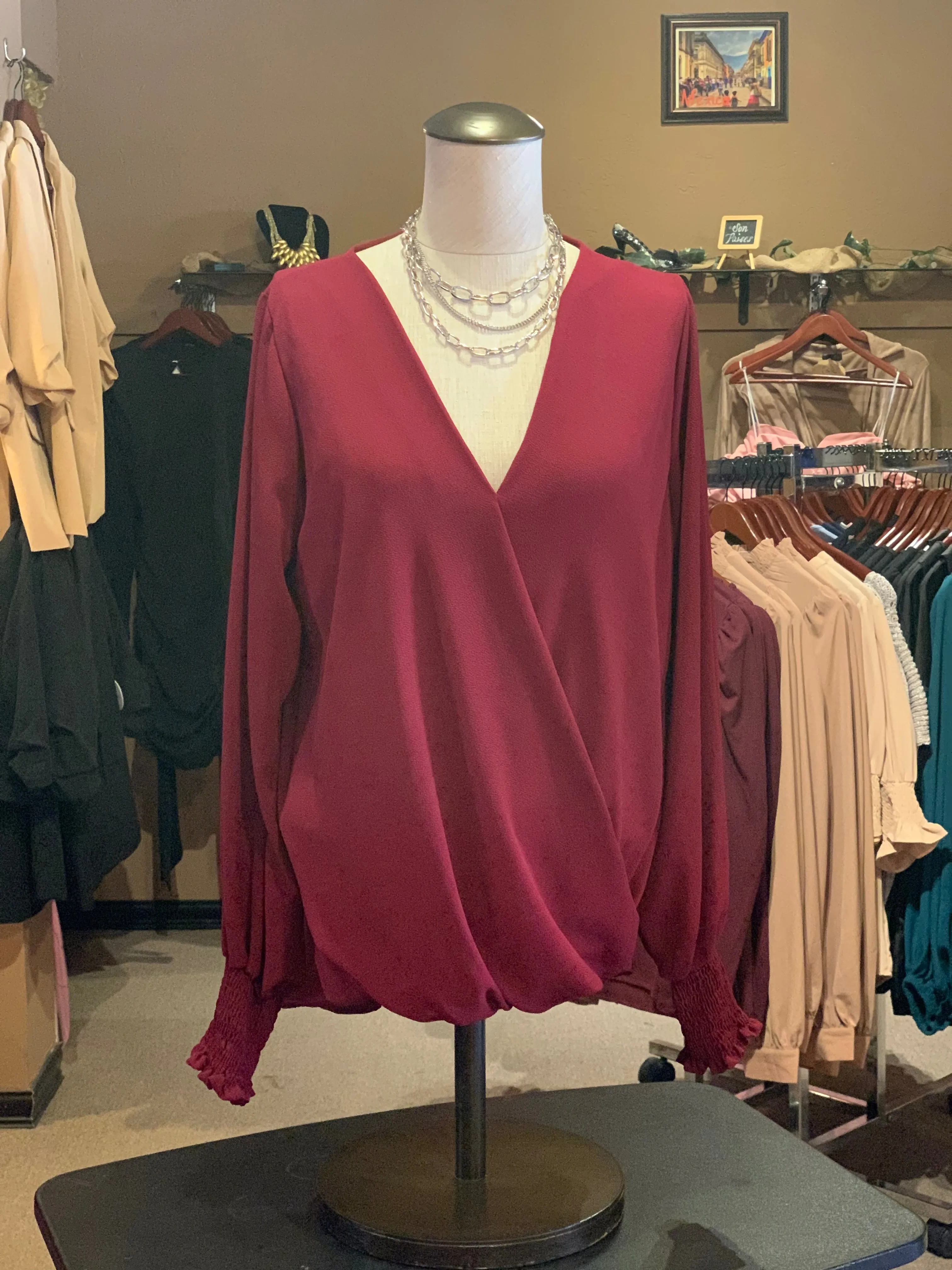 Burgundy V Neckline Long Sleeve Top