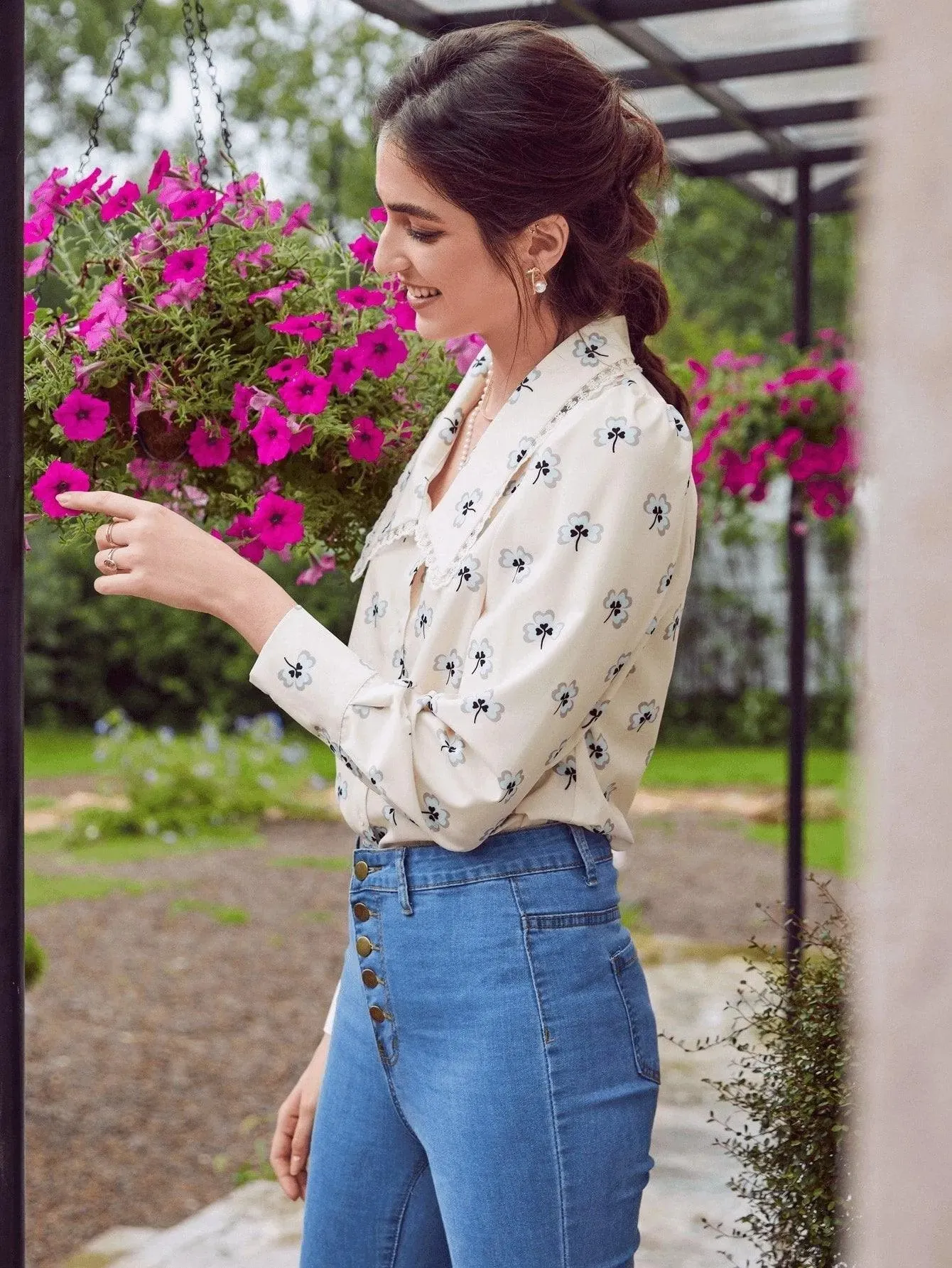 Button Front Lace Trim Floral Shirt