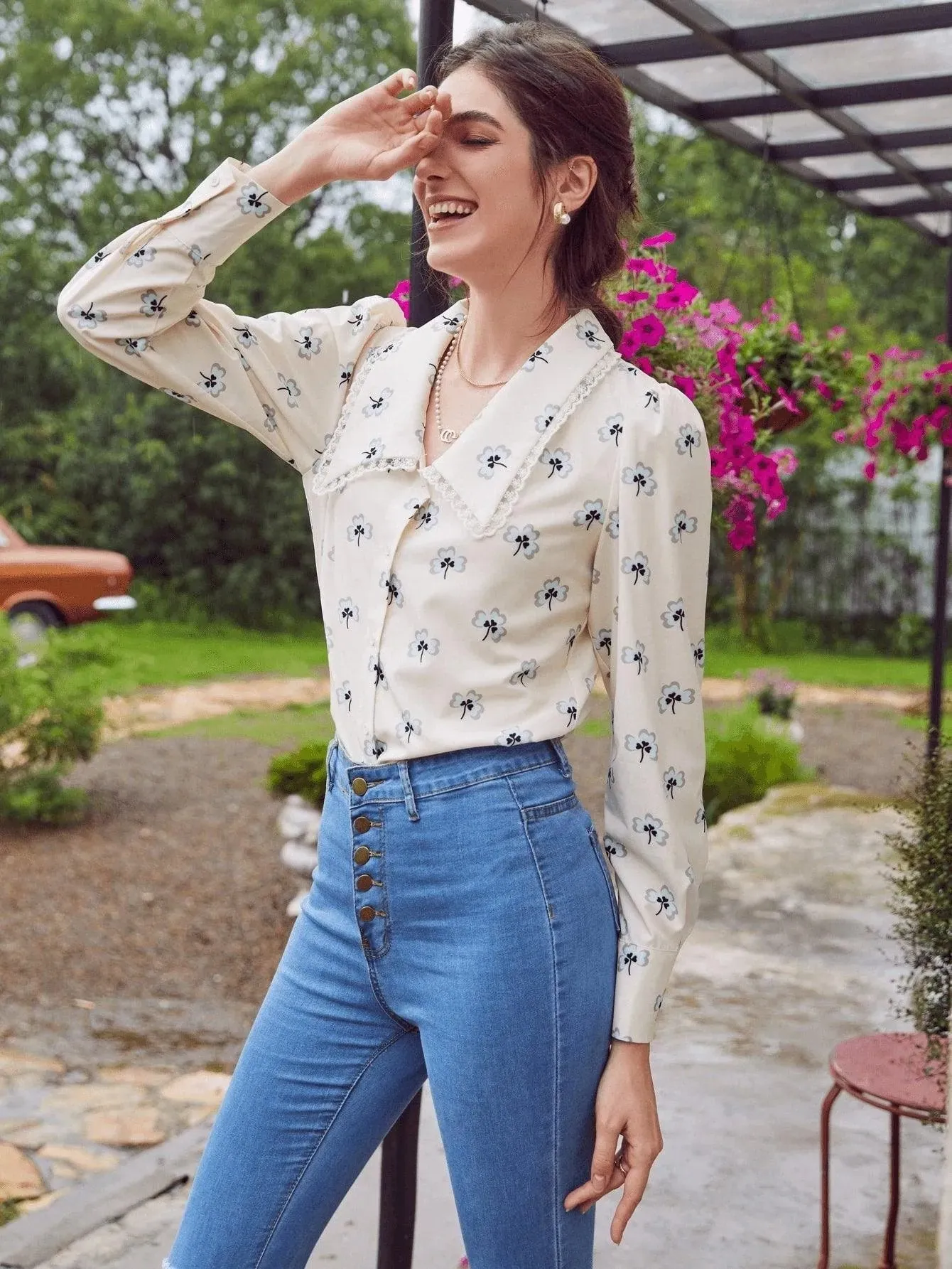 Button Front Lace Trim Floral Shirt