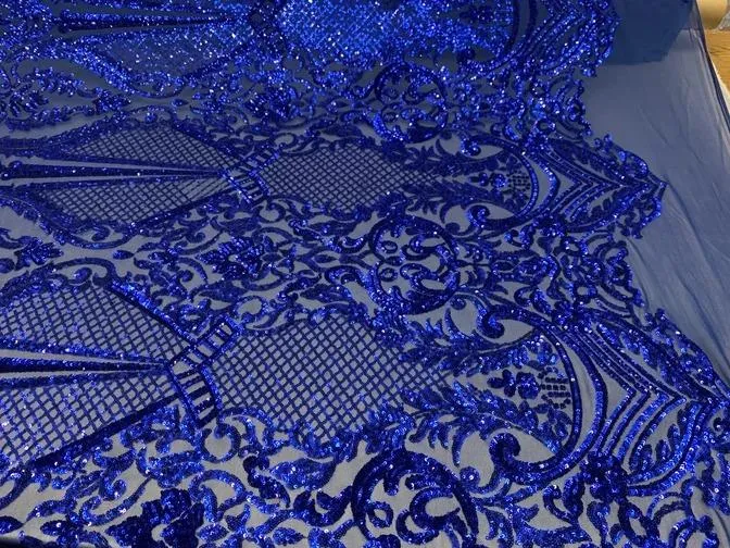 BY THE YARD/ Geometric Design Mesh Lace Fabric Sequins 4 Way Stretch On A White Mesh/Handmade Lace Embroider Prom/Gowns/Wedding Dress