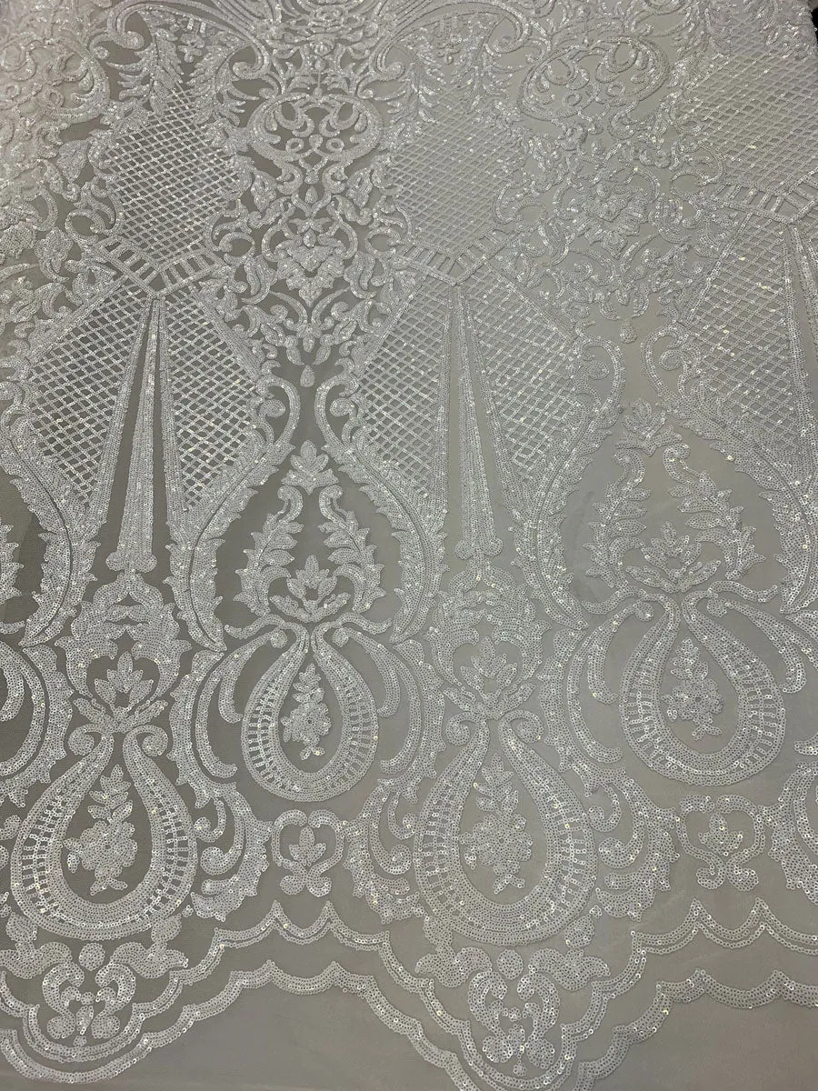 BY THE YARD/ Geometric Design Mesh Lace Fabric Sequins 4 Way Stretch On A White Mesh/Handmade Lace Embroider Prom/Gowns/Wedding Dress