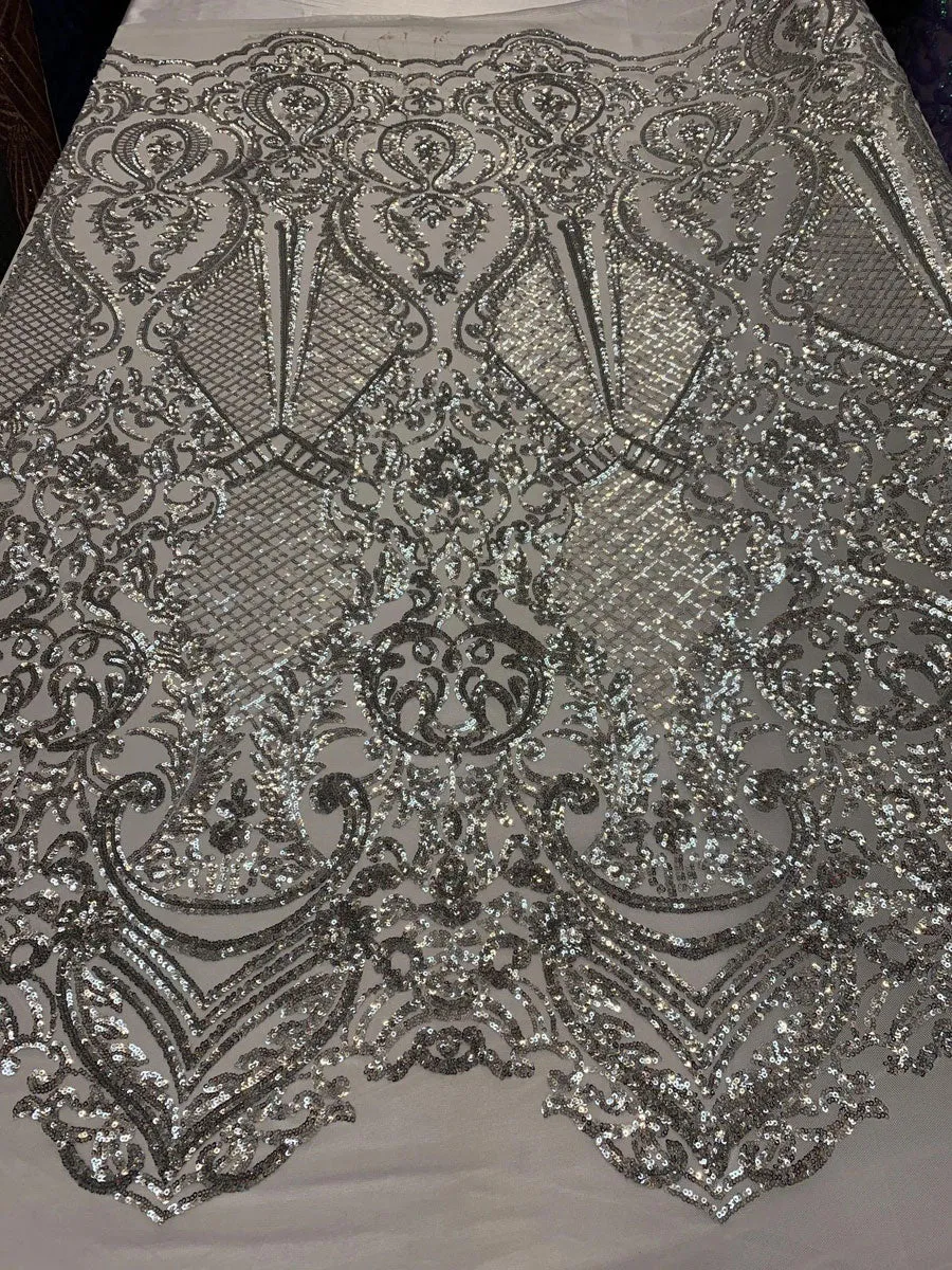 BY THE YARD/ Geometric Design Mesh Lace Fabric Sequins 4 Way Stretch On A White Mesh/Handmade Lace Embroider Prom/Gowns/Wedding Dress