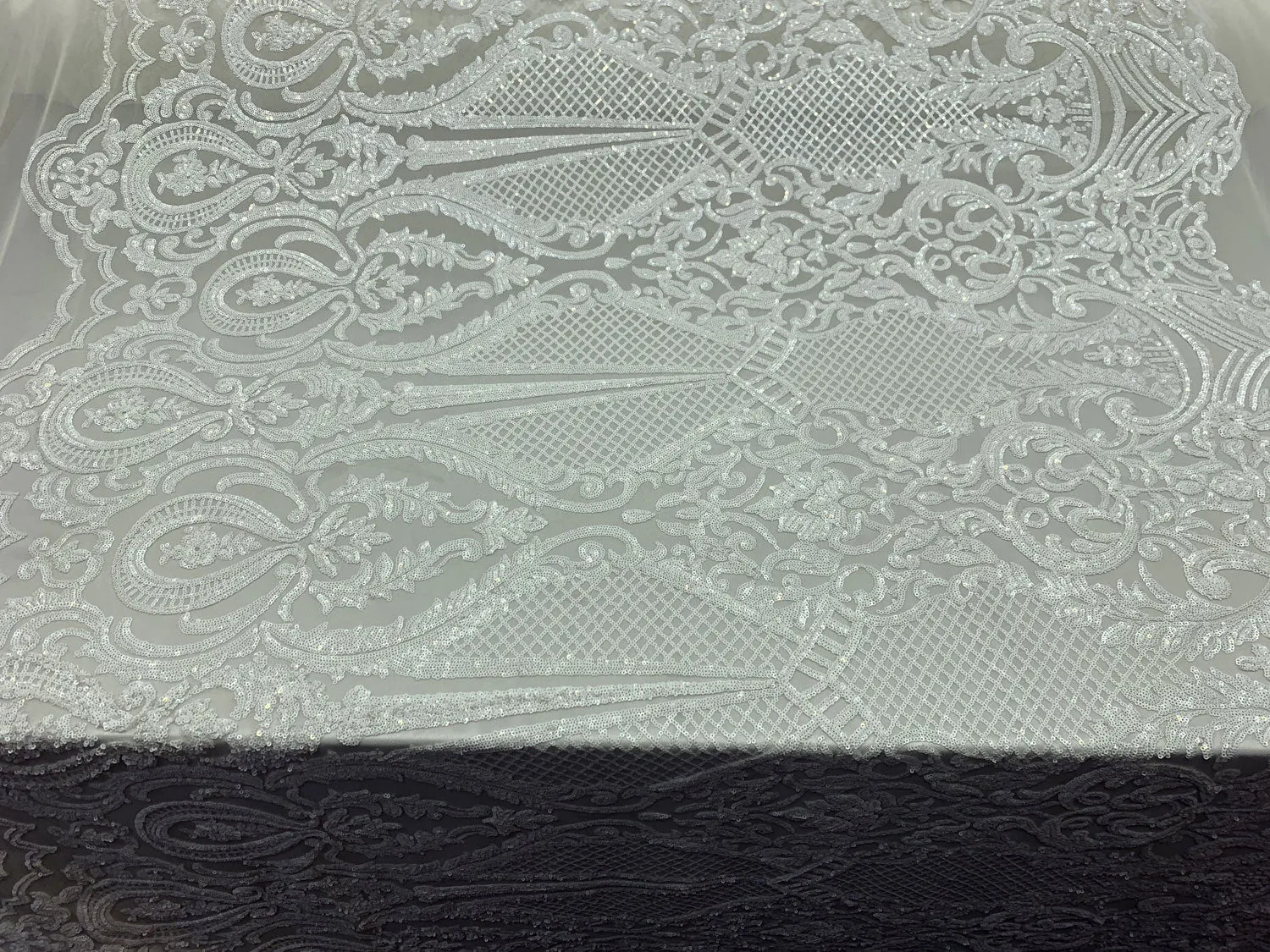 BY THE YARD/ Geometric Design Mesh Lace Fabric Sequins 4 Way Stretch On A White Mesh/Handmade Lace Embroider Prom/Gowns/Wedding Dress