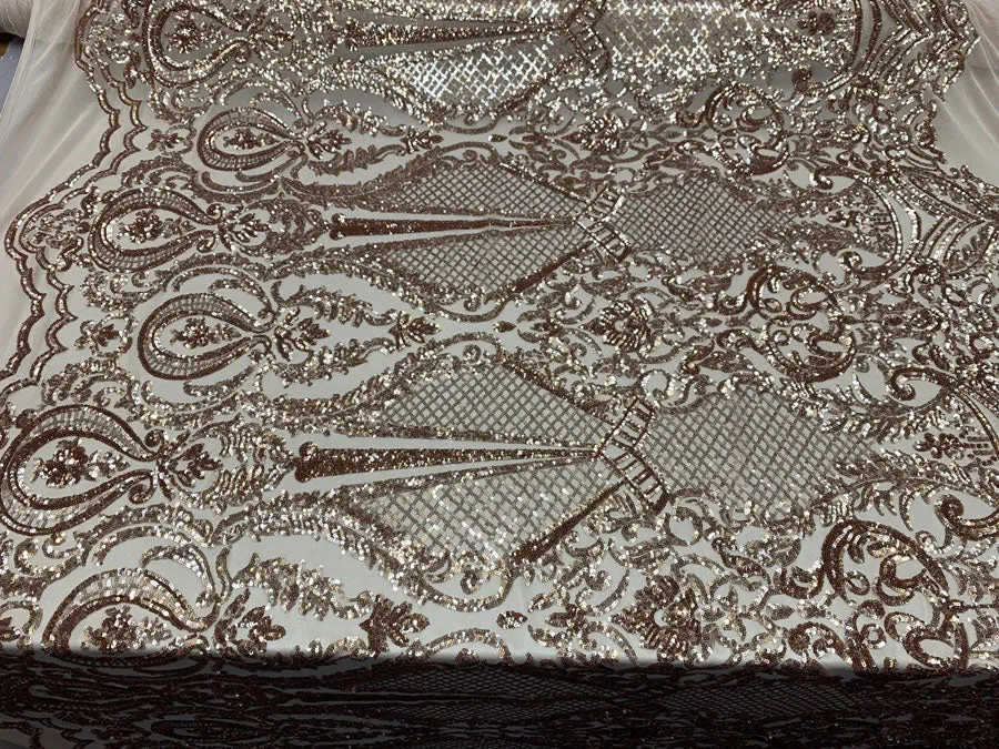 BY THE YARD/ Geometric Design Mesh Lace Fabric Sequins 4 Way Stretch On A White Mesh/Handmade Lace Embroider Prom/Gowns/Wedding Dress