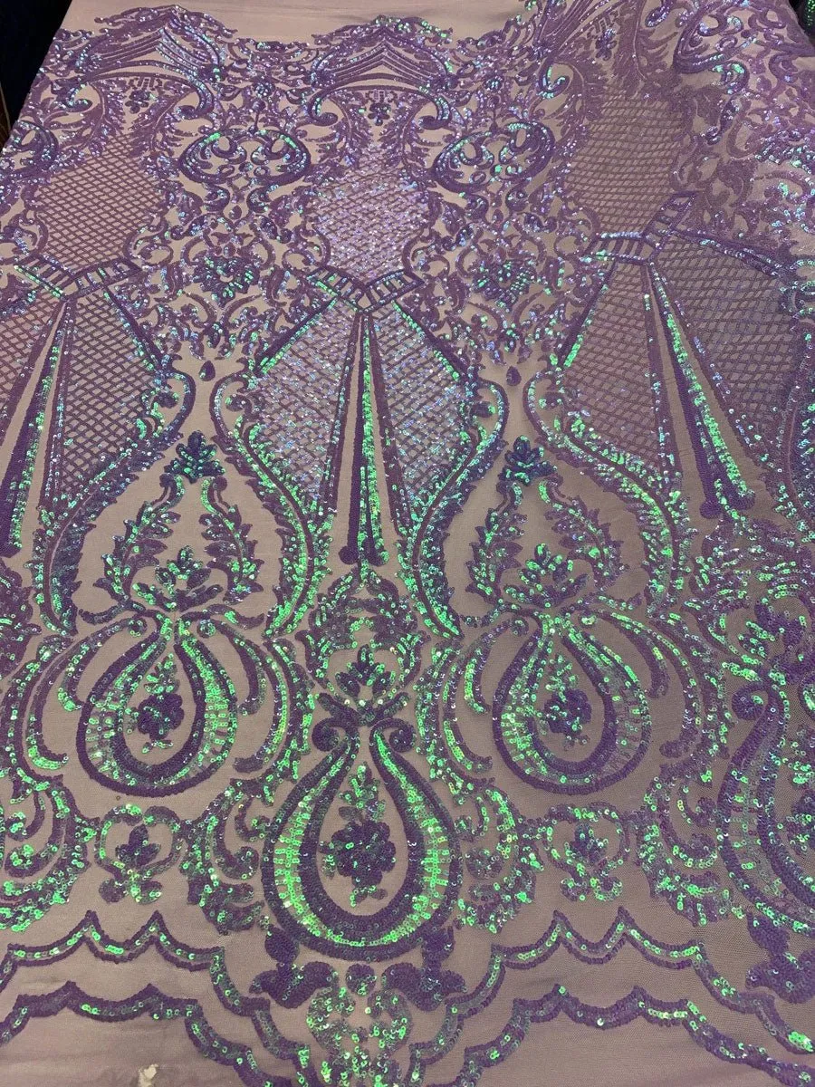 BY THE YARD/ Geometric Design Mesh Lace Fabric Sequins 4 Way Stretch On A White Mesh/Handmade Lace Embroider Prom/Gowns/Wedding Dress