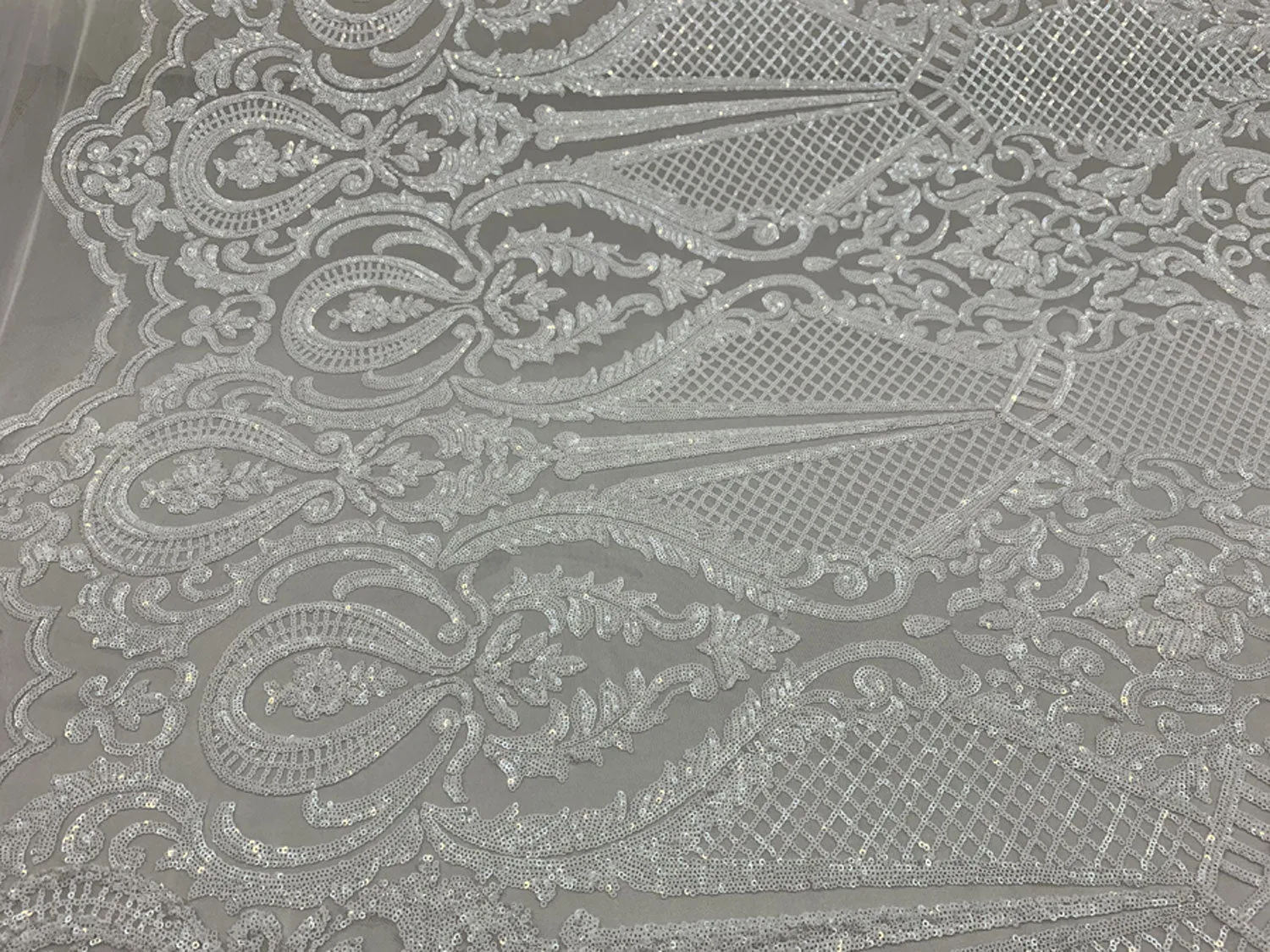 BY THE YARD/ Geometric Design Mesh Lace Fabric Sequins 4 Way Stretch On A White Mesh/Handmade Lace Embroider Prom/Gowns/Wedding Dress